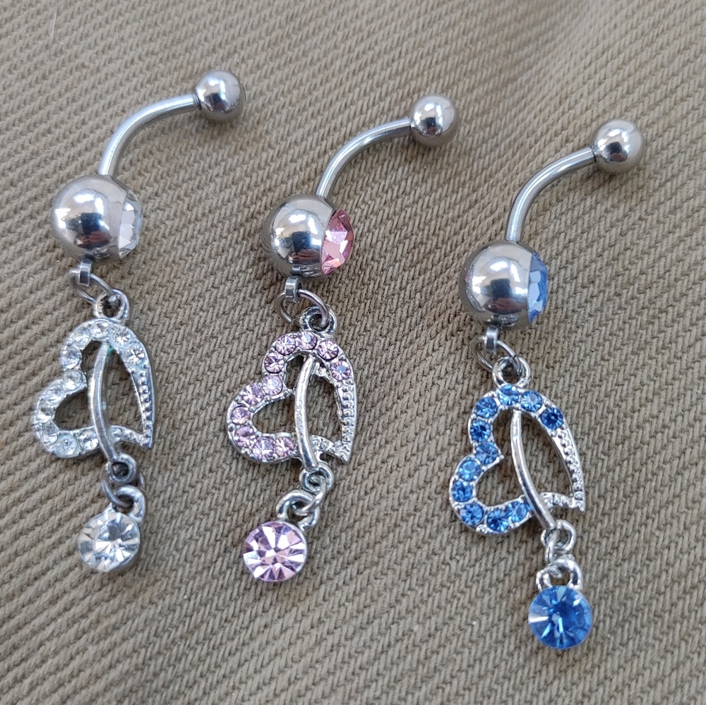 Set of 3 jeweled 14G heart belly button jewelry